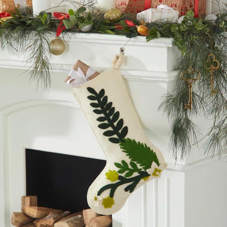 Hand Felted Wool Christmas Stocking - Green Leaves on Cream