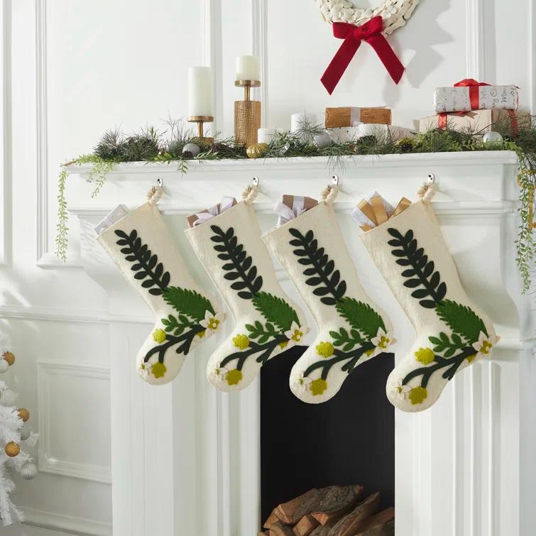 Hand Felted Wool Christmas Stocking - Green Leaves on Cream