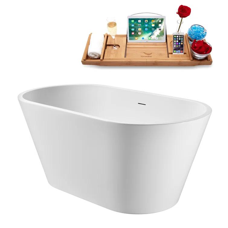 55" Streamline Soaking Glossy White Freestanding Tub and Tray With Internal Drain