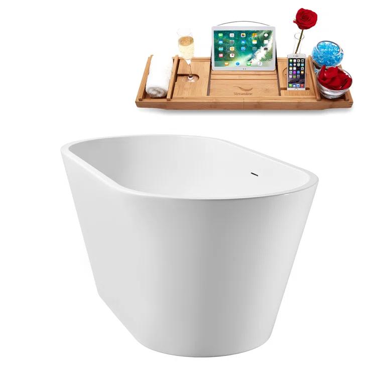 55" Streamline Soaking Glossy White Freestanding Tub and Tray With Internal Drain