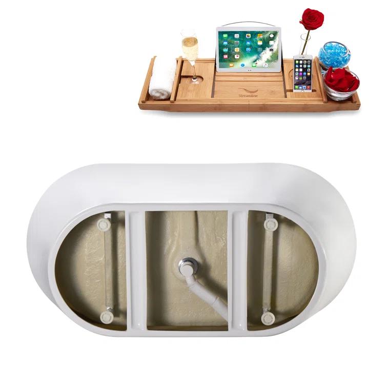 55" Streamline Soaking Glossy White Freestanding Tub and Tray With Internal Drain