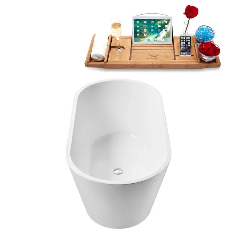 55" Streamline Soaking Glossy White Freestanding Tub and Tray With Internal Drain