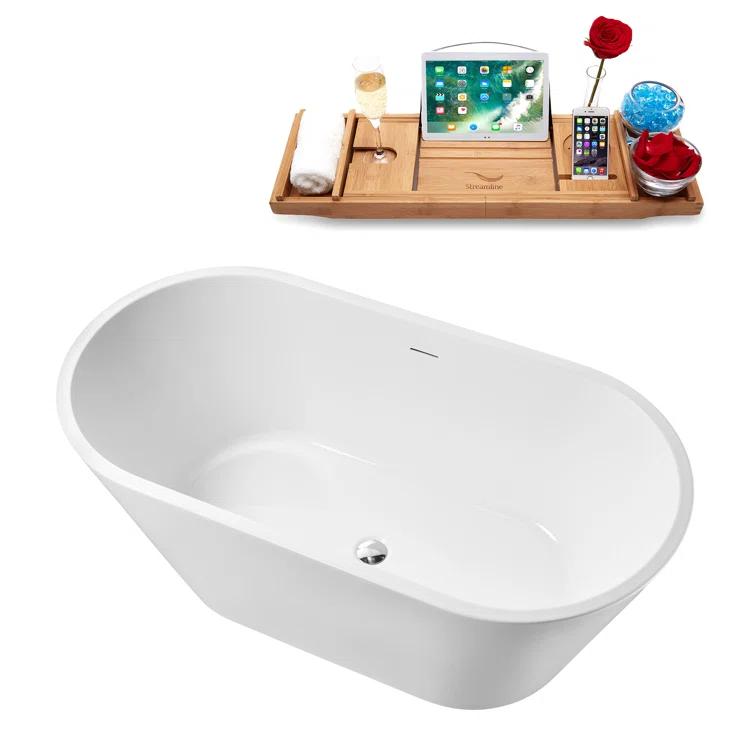 55" Streamline Soaking Glossy White Freestanding Tub and Tray With Internal Drain