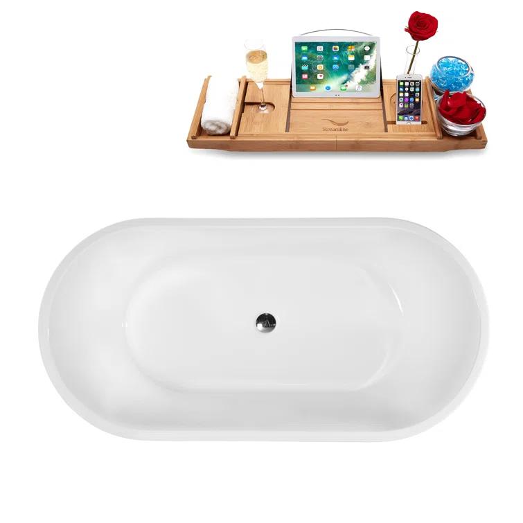 55" Streamline Soaking Glossy White Freestanding Tub and Tray With Internal Drain