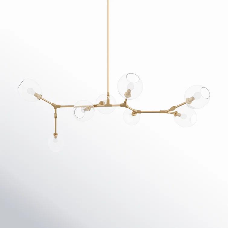 Modern Linear Brass Sputnik Chandelier with Hand Blown Glass Shades