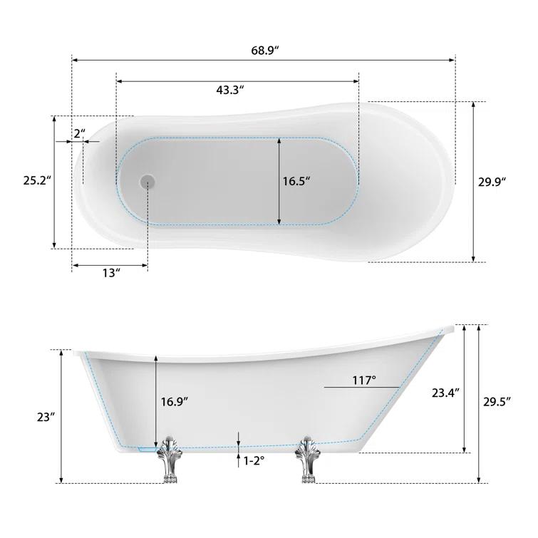 68.9" x 31" Clawfoot Soaking Acrylic Bathtub