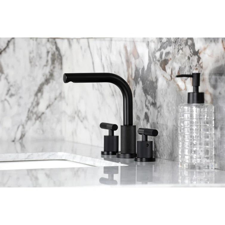 Kingston Brass Convergent Two-Handle 3-Hole Deck Mount Widespread Bathroom Faucet with Knurled Handle and Brass Pop-Up Drain