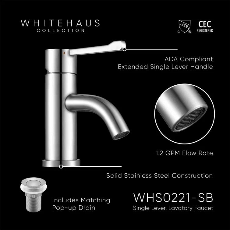 Whitehaus Collection Stainless Steel Extended Single Lever Bathroom Faucet with Pop-up Drain