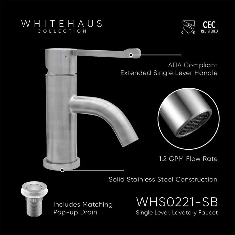 Whitehaus Collection Stainless Steel Extended Single Lever Bathroom Faucet with Pop-up Drain