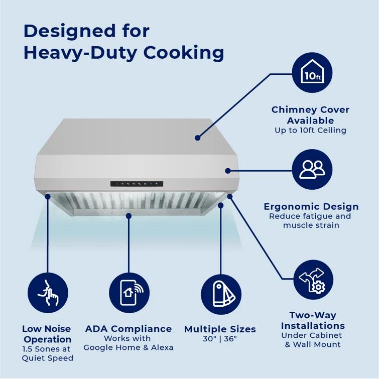 30" 540 CFM Versatile Under Cabinet or Wall Mounted Range Hood in Stainless Steel with Smart Feature