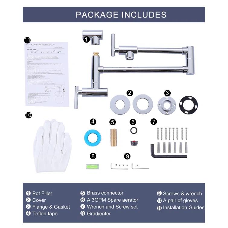 ARCORA Single Hole Two Attachment Brass Wall Mounted Pot Filler Kitchen Faucet with Double-Handle