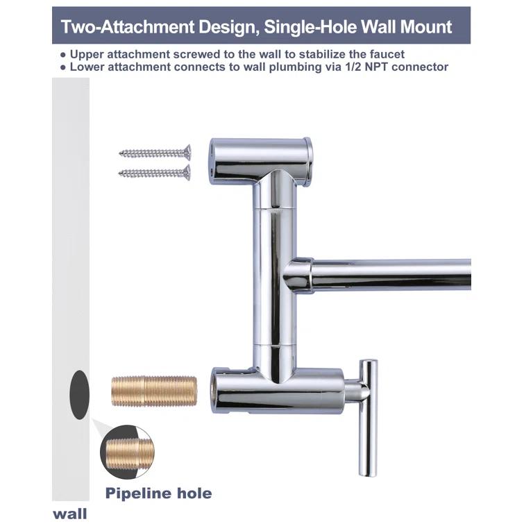 ARCORA Single Hole Two Attachment Brass Wall Mounted Pot Filler Kitchen Faucet with Double-Handle