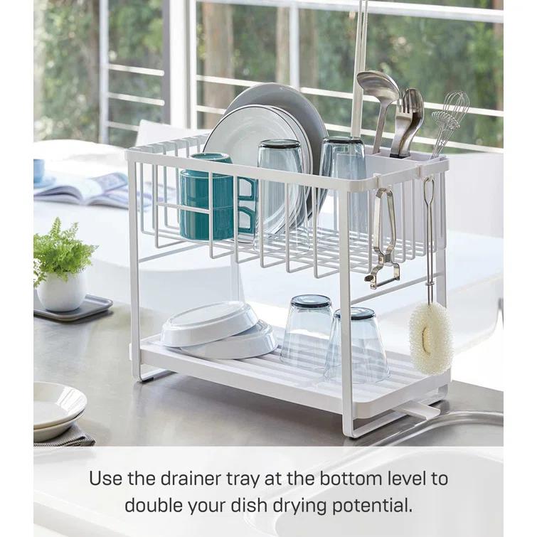 Tower Yamazaki Home Two-Tier Adjustable Dish Drainer Rack, Utensils Holder, Steel, Draining Spout