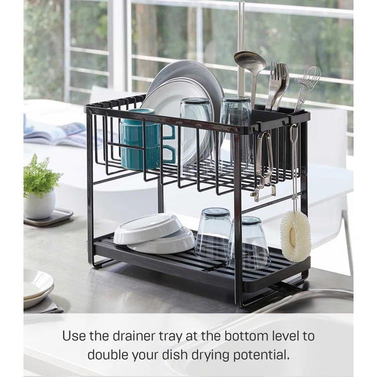 Tower Yamazaki Home Two-Tier Adjustable Dish Drainer Rack, Utensils Holder, Steel, Draining Spout
