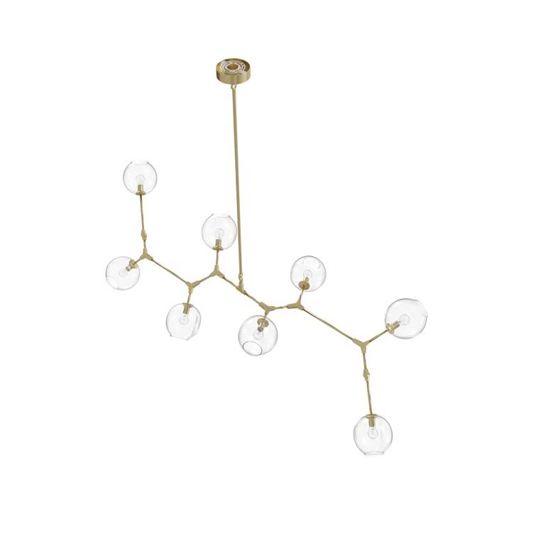 Modern Linear Brass Sputnik Chandelier with Hand Blown Glass Shades