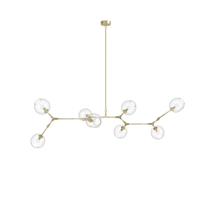 Modern Linear Brass Sputnik Chandelier with Hand Blown Glass Shades