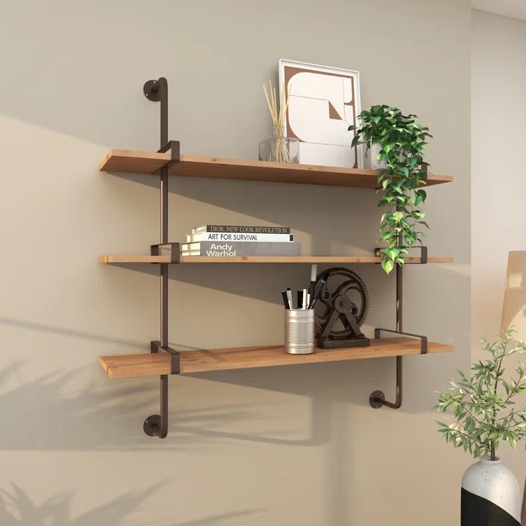 Wood 3 Level Wall Shelf with Black Metal Brackets
