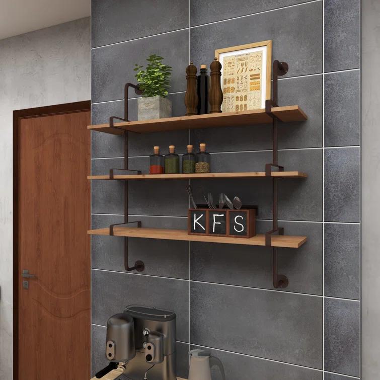 Wood 3 Level Wall Shelf with Black Metal Brackets