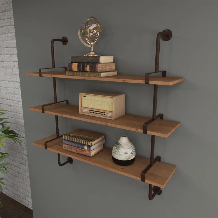 Wood 3 Level Wall Shelf with Black Metal Brackets