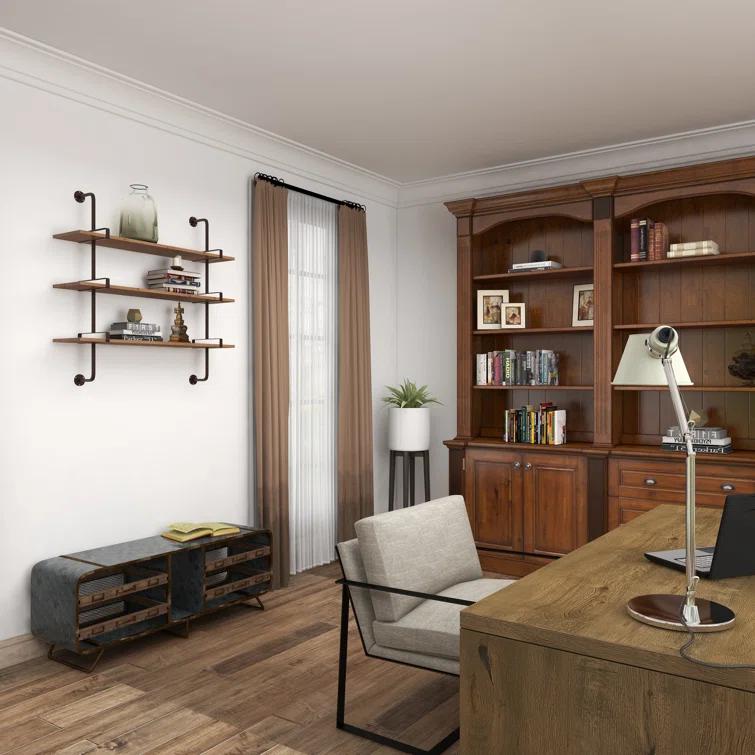 Wood 3 Level Wall Shelf with Black Metal Brackets