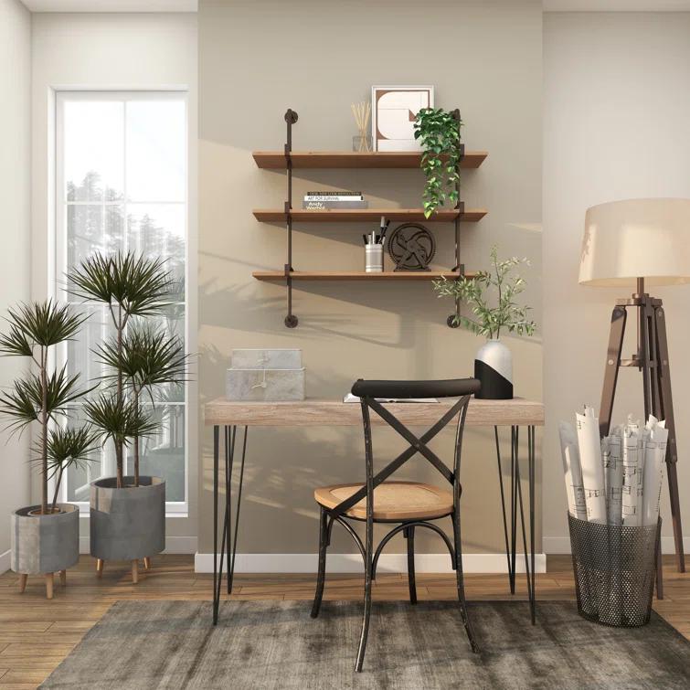 Wood 3 Level Wall Shelf with Black Metal Brackets