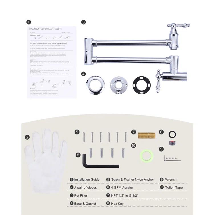 ARCORA ARCORA Wall Mounted Pot Filler Brass Folding Kitchen Faucet with 2 Handles AR7106800C