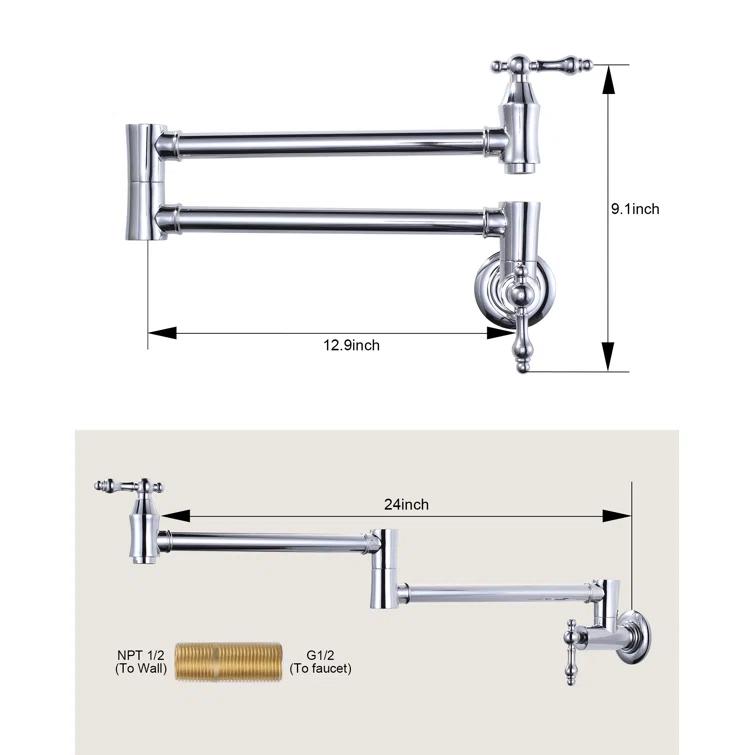 ARCORA ARCORA Wall Mounted Pot Filler Brass Folding Kitchen Faucet with 2 Handles AR7106800C