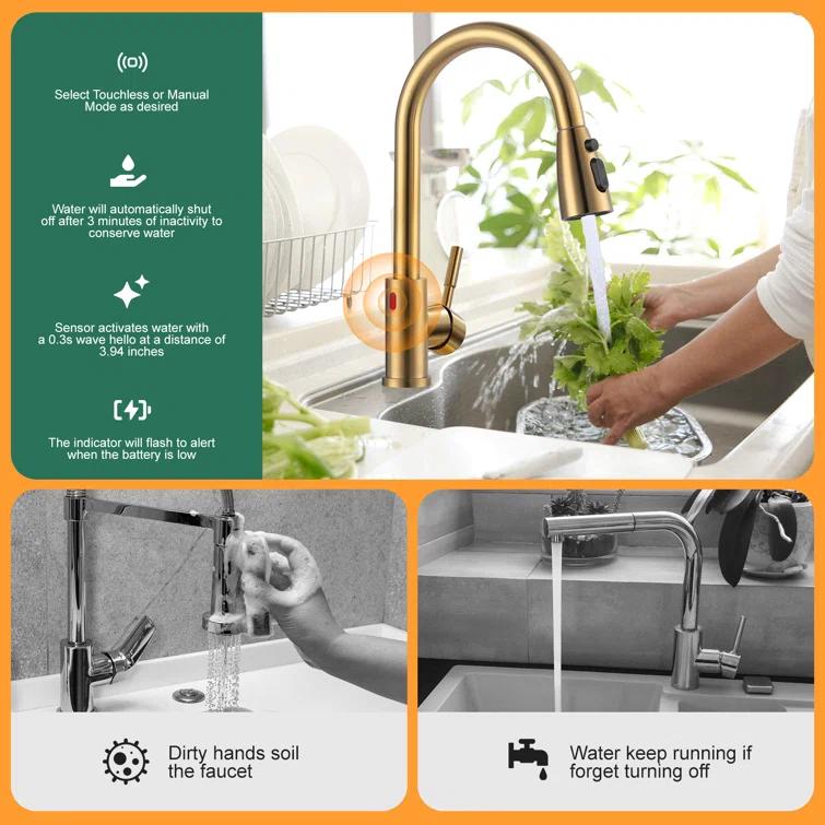 ARCORA AR7100301G-DC ARCORA Stainless Steel  Single Handle Pull-Down Sprayer Kitchen Faucet Set with Touchless Sensor