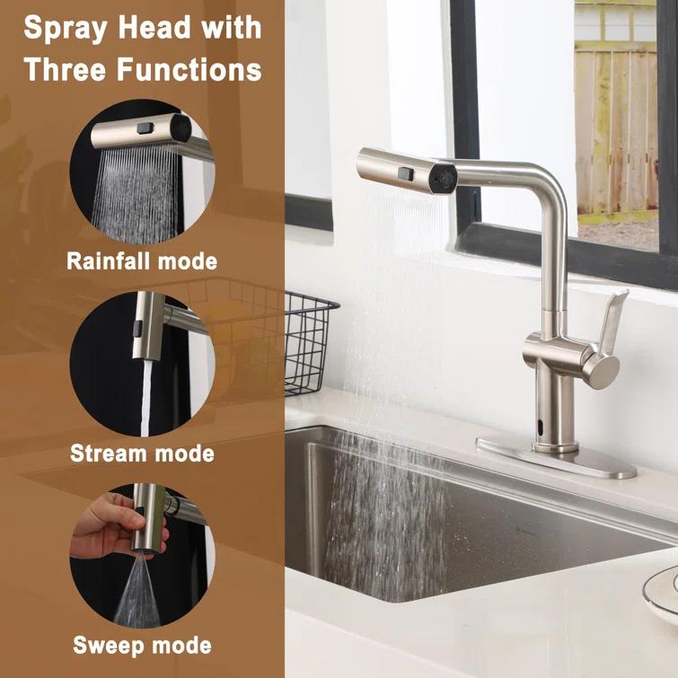 Willow Single Handle Pull Out Kitchen Faucet with Touchless Sensor, Three-function Mode Sprayer