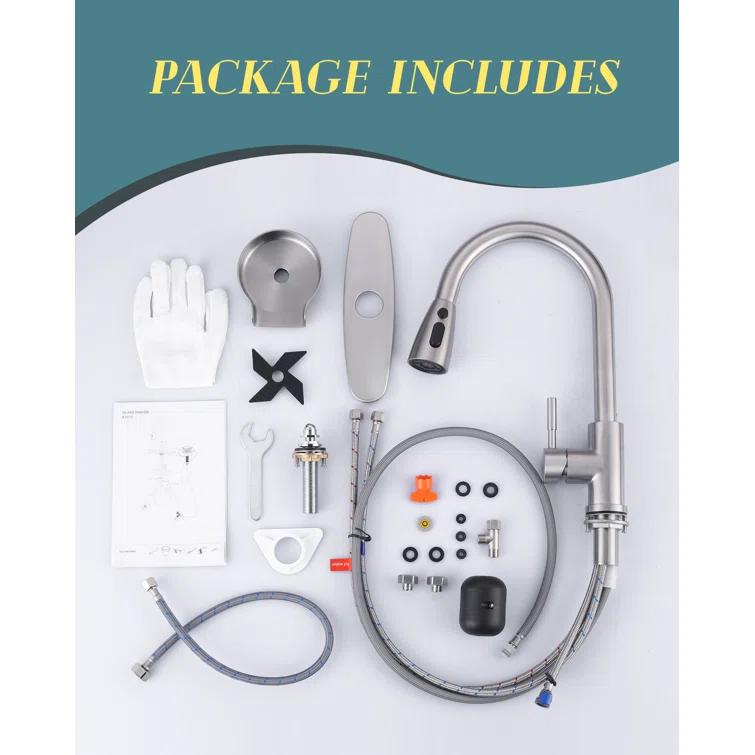 ARCORA Single Handle Stainless Steel Pull-Down Kitchen Faucet with Deckplate and Glass Rinser Combo