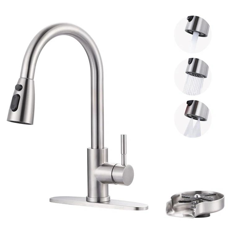 ARCORA Single Handle Stainless Steel Pull-Down Kitchen Faucet with Deckplate and Glass Rinser Combo