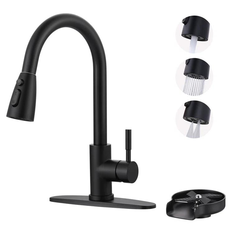ARCORA Single Handle Stainless Steel Pull-Down Kitchen Faucet with Deckplate and Glass Rinser Combo