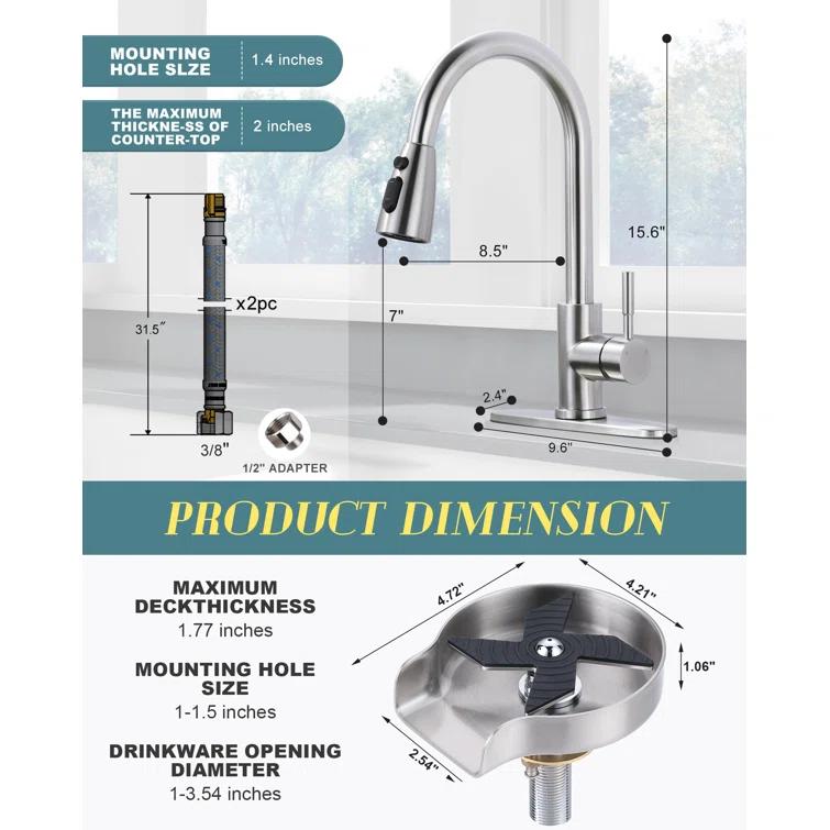 ARCORA Single Handle Stainless Steel Pull-Down Kitchen Faucet with Deckplate and Glass Rinser Combo