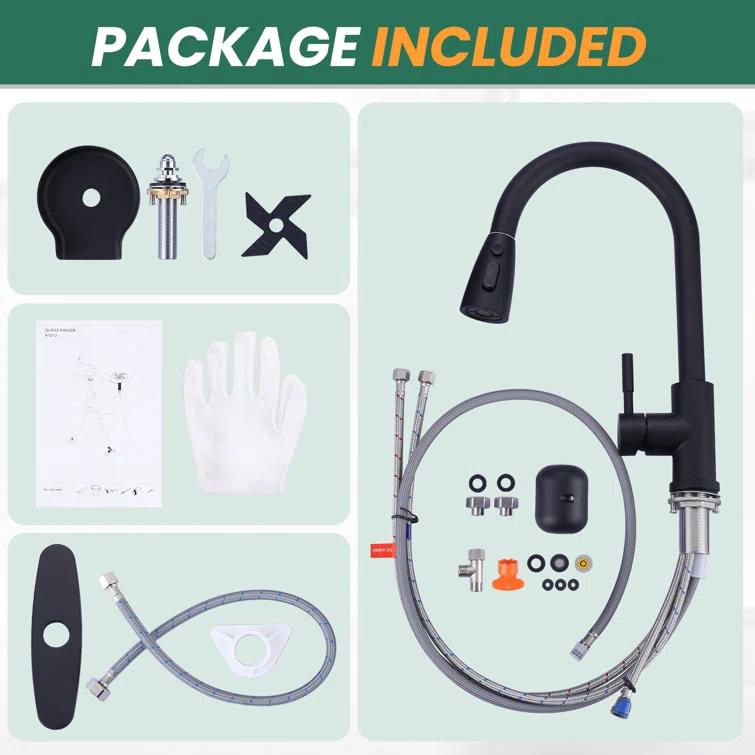 ARCORA Single Handle Stainless Steel Pull-Down Kitchen Faucet with Deckplate and Glass Rinser Combo