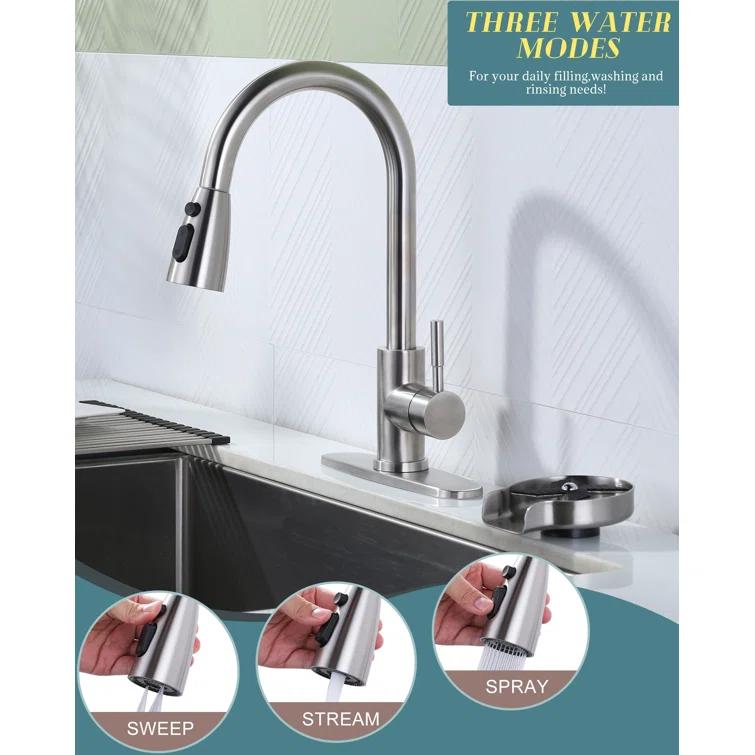 ARCORA Single Handle Stainless Steel Pull-Down Kitchen Faucet with Deckplate and Glass Rinser Combo