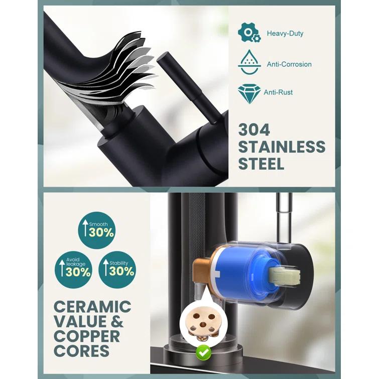 ARCORA Single Handle Stainless Steel Pull-Down Kitchen Faucet with Deckplate and Glass Rinser Combo