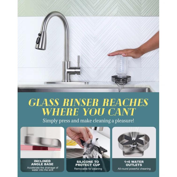 ARCORA Single Handle Stainless Steel Pull-Down Kitchen Faucet with Deckplate and Glass Rinser Combo
