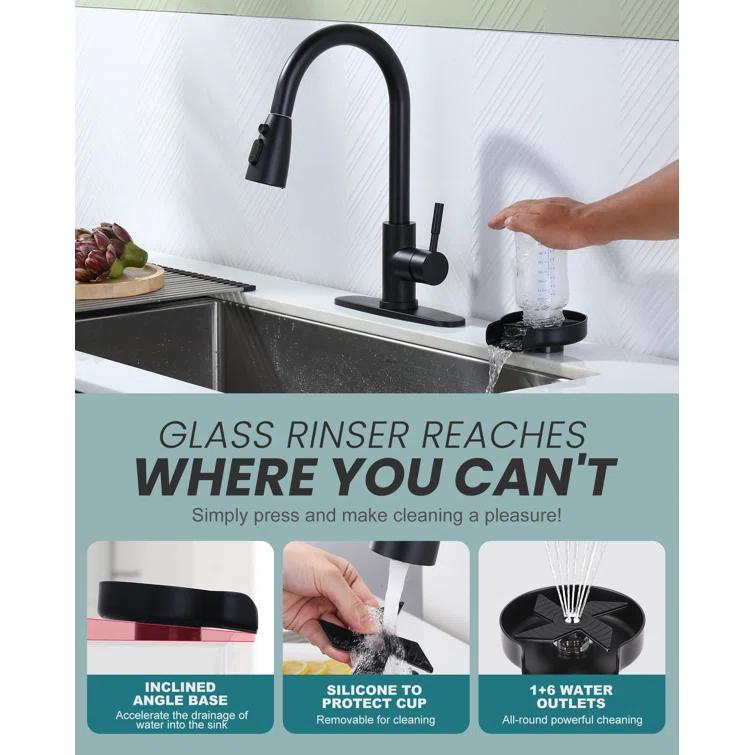 ARCORA Single Handle Stainless Steel Pull-Down Kitchen Faucet with Deckplate and Glass Rinser Combo