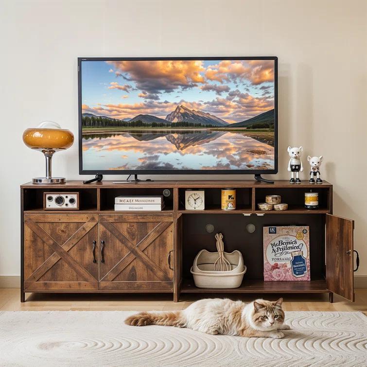 63"W TV Stand Furniture & Hidden Litter Box Enclosure & Double Litter Box For 2 Cats, Farmhouse Inclosed Litter Boxes For Cats with Outlet Power