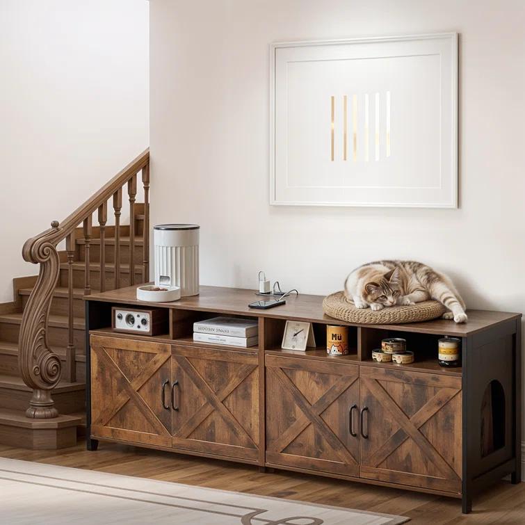 63"W TV Stand Furniture & Hidden Litter Box Enclosure & Double Litter Box For 2 Cats, Farmhouse Inclosed Litter Boxes For Cats with Outlet Power