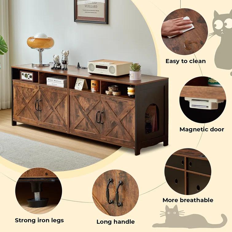 63"W TV Stand Furniture & Hidden Litter Box Enclosure & Double Litter Box For 2 Cats, Farmhouse Inclosed Litter Boxes For Cats with Outlet Power