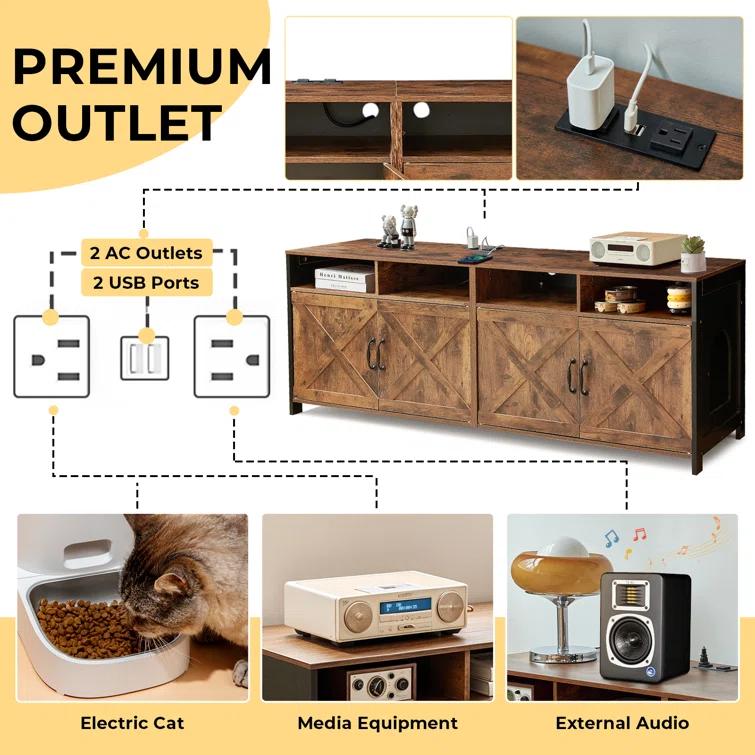 63"W TV Stand Furniture & Hidden Litter Box Enclosure & Double Litter Box For 2 Cats, Farmhouse Inclosed Litter Boxes For Cats with Outlet Power