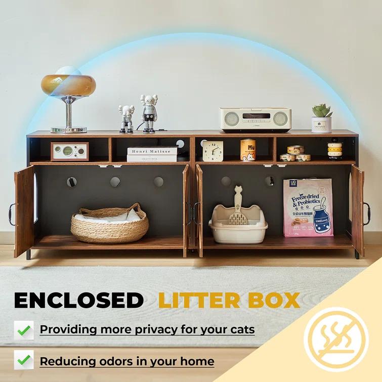 63"W TV Stand Furniture & Hidden Litter Box Enclosure & Double Litter Box For 2 Cats, Farmhouse Inclosed Litter Boxes For Cats with Outlet Power