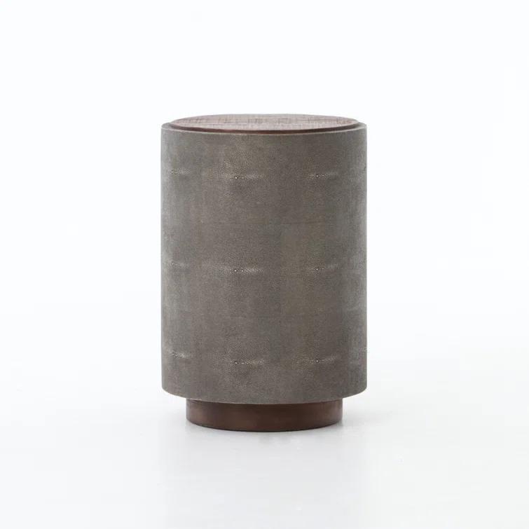Round Gray Faux Shagreen and Wood Side Table