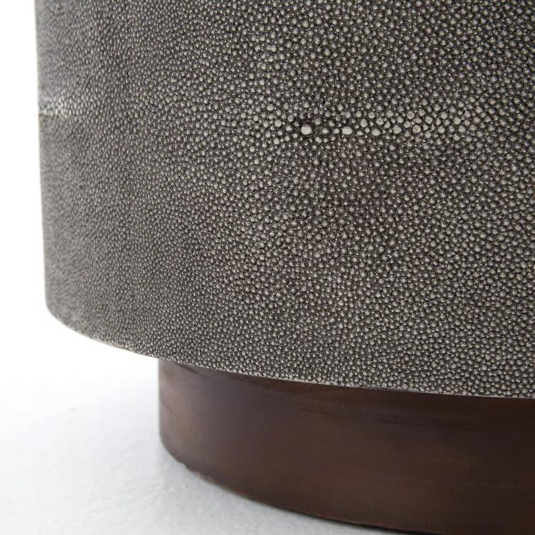Round Gray Faux Shagreen and Wood Side Table