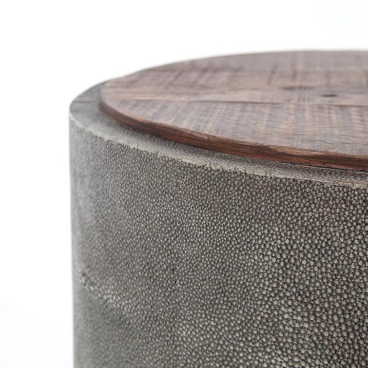 Round Gray Faux Shagreen and Wood Side Table