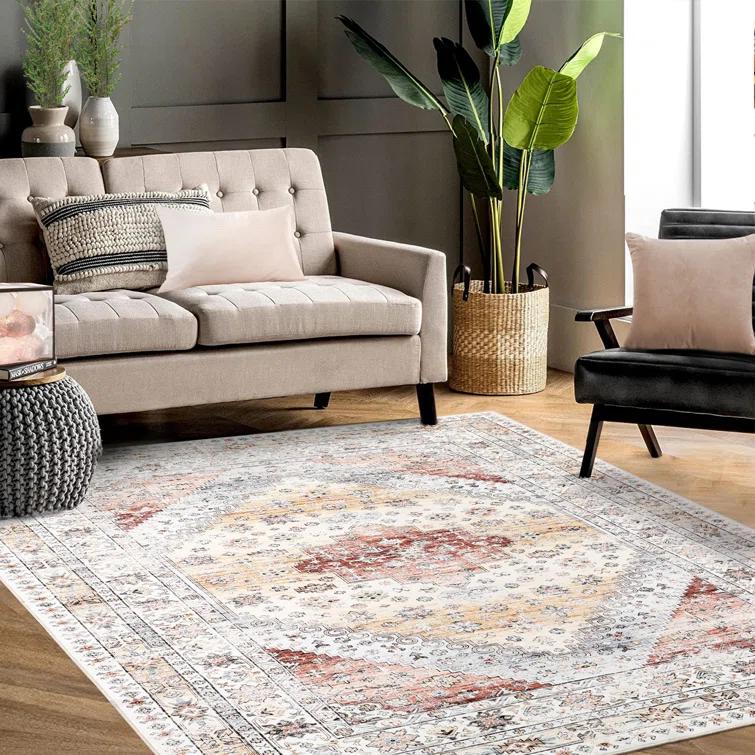 Boho Vintage Floral Area Rug, Low Pile Ultra Soft Machine Washable Carpet