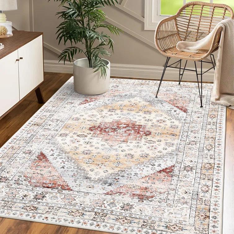 Boho Vintage Floral Area Rug, Low Pile Ultra Soft Machine Washable Carpet