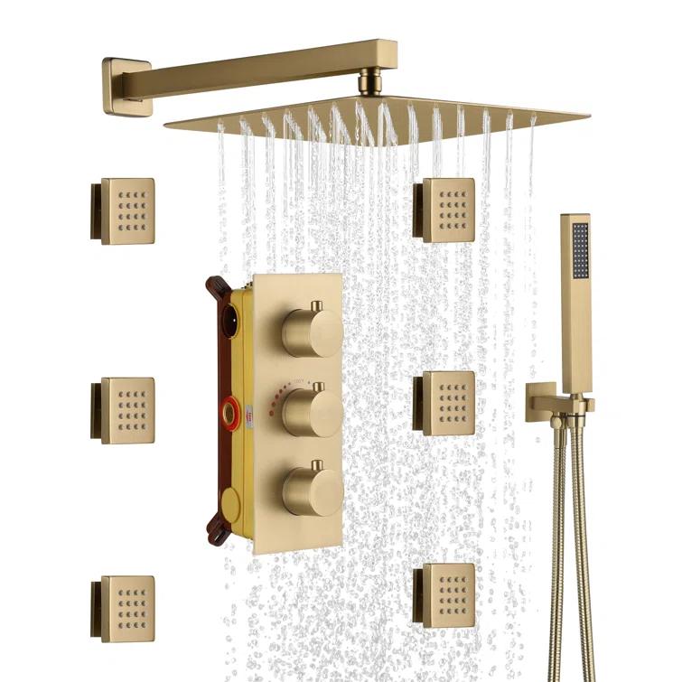 CASAINC M6001-A-12-BG Revitalize 12 Inch Luxury Thermostatic Complete Shower System with Rough-in Valve