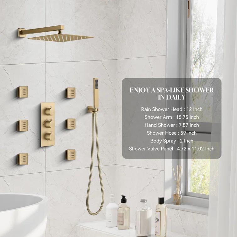 CASAINC M6001-A-12-BG Revitalize 12 Inch Luxury Thermostatic Complete Shower System with Rough-in Valve